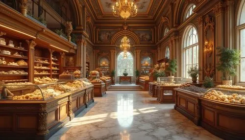 Baroque-inspired grocery store interior, ornate golden frames, intricate carvings on wooden shelves, Renaissance-style chandeliers, marble floors, high ceilings with decorative moldings, grandiose arc