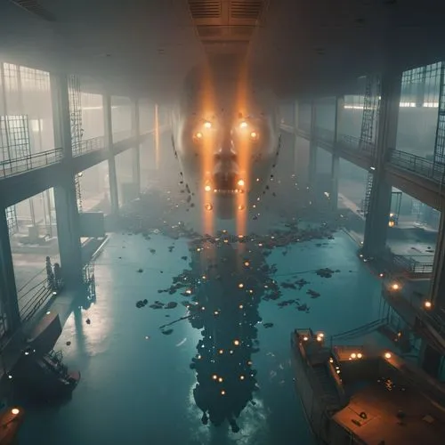 aqua studio,atlantis,shower of sparks,fire and water,futuristic art museum,passengers,floor fountain,thermae,battleship,heavy water factory,el tatio,ufo interior,aquarium,mining facility,fire-fighting,apiarium,spa,infinity swimming pool,volcano pool,cinematic,Photography,General,Realistic