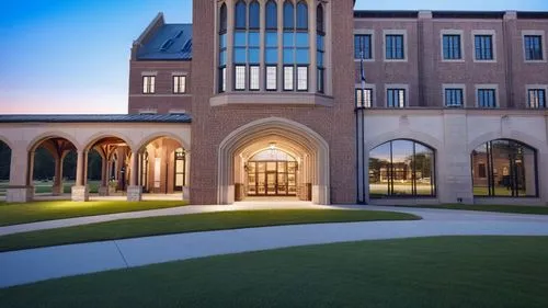 A new collegiate gothic residence hall at Catawba College with a very nice, landscaped quad,a very tall building with a clock tower and arched doors,ocu,texas tech,tamu,tulane,trevecca,mcmurry,tarleto