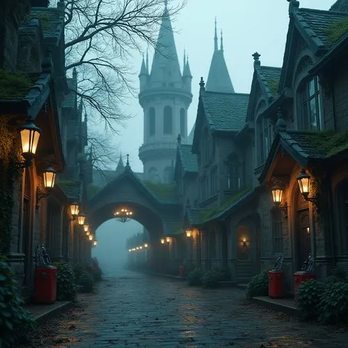 medieval street,haunted cathedral,ravenloft,ruelle,darktown,theed,medieval town,hogwarts,fantasy city,diagon,dickensian,fairy tale castle,haunted castle,old linden alley,aachen,martre,alley,alleyway,victorian,ghost castle,Photography,General,Realistic