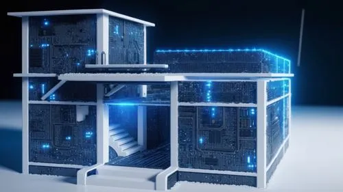 This image painted colour with white and blue ,a computer is surrounded by different sections and wires,voxel,supercomputer,cinema 4d,voxels,supercomputers,microcomputer,Photography,General,Sci-Fi