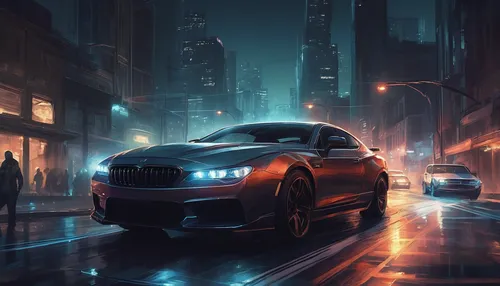 Compose an intense action scene using cross hatching: a high-speed car chase through a city at night, with buildings and cars expertly shaded.,jaguar xf,bmw m2,bmw x6,bmw 7 series,bmw 5 series,bmw m5,