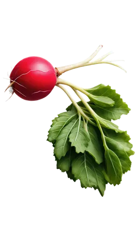 Fresh radish, solo, white background, detailed texture, juicy flesh, green leaves, roots visible, slight gloss, natural lighting, 3/4 composition, shallow depth of field, vibrant color tone, realistic