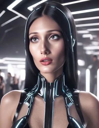 MODEL BEAUTIFUL ON THE MODERN FUTURISTIC FASHIONABLE CELEBRITY PARTY IN “TRON”-STYLED DRESS AND HER LONG LOOSE STRAIGHT BLACK HAIRS ARE LIKE KYLIE JENNER STYLE,3d image of a woman wearing a harness,cy