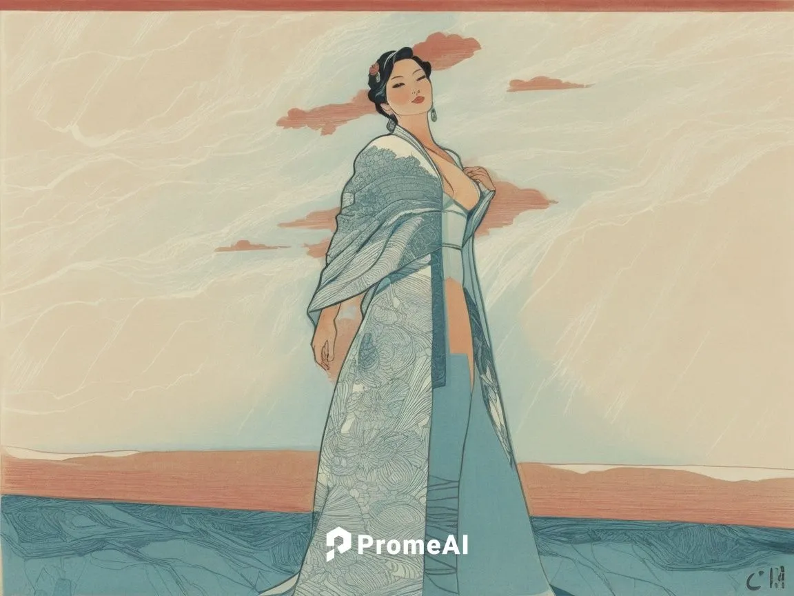 Line drawing of a nude woman,a woman wearing a blue dress stands on the sand near the ocean,xufeng,kuanyin,hanfu,girl in a long dress,caftan,guanyin,Illustration,Vector,Vector 03