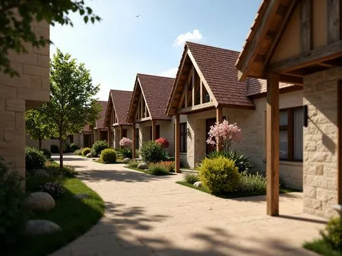 Traditional dormitory, rustic vernacular architecture, pitched roofs, clay tiles, wooden trusses, exposed rafters, natural stone walls, earthy color palette, cozy atmosphere, warm lighting, shallow de