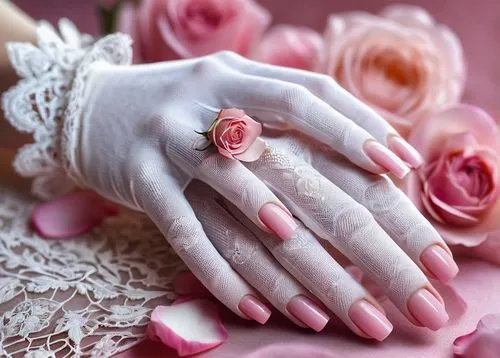 Delicate female fingers, long nails, pink nail polish, gentle touch, soft focus, warm lighting, intimate close-up, shallow depth of field, creamy skin tone, subtle finger wrinkles, ornate ring, lace g