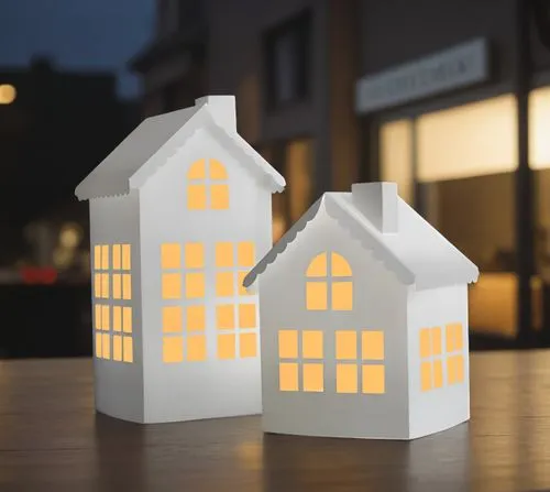 The house is placed on an old wooden table, with a view of the street visible in the background.,two little lights that look like houses sitting on top of a table,houses clipart,dolls houses,miniature