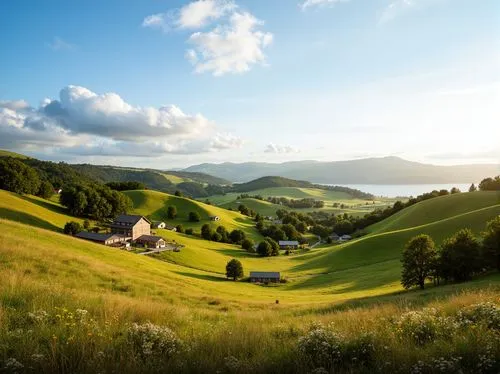 Rolling hills, vast grasslands, serene countryside, rustic farmhouses, wooden fences, wildflowers, gentle breeze, warm sunlight, soft focus, shallow depth of field, 2/3 composition, natural textures, 