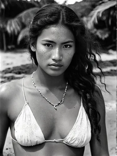 The same scene as a black and white photo. However, the freckles should be visible.,black and white pograph of a women in bikini top,polynesian girl,marshallese,kaikini,marimar,guelaguetza,tahitian,Ph