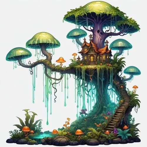 mushroom landscape,mushroom island,tree mushroom,forest mushroom,mycena,fairy forest,Illustration,Abstract Fantasy,Abstract Fantasy 11