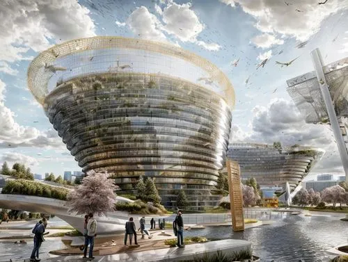 futuristic architecture,autostadt wolfsburg,futuristic art museum,futuristic landscape,smart city,sky space concept,hudson yards,urban design,very large floating structure,airships,artificial island,eco-construction,artificial islands,urban development,barangaroo,solar cell base,futuristic,archidaily,3d rendering,oval forum