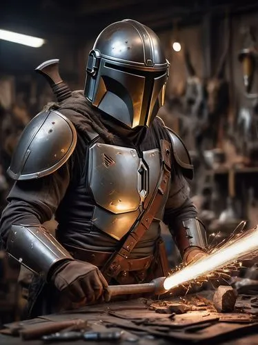 boba fett,blacksmith,cg artwork,metalsmith,welder,steelworker,steel helmet,knight armor,molten metal,digital compositing,iron mask hero,c-3po,metalworking,welders,gas welder,breastplate,starwars,construction helmet,welded,scrap iron,Conceptual Art,Fantasy,Fantasy 01