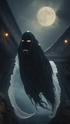 A giant, black, jelly-like monster with white mask,dark art,wraith,the night of kupala,atala,supernatural creature,anglerfish,ori-pei,black raven,queen of the night,haunebu,death's head,the ghost,with