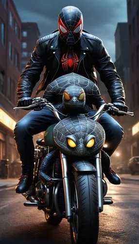 A striking and surreal image of a menacing, dark-colored turtle riding a motorbike customized with a detailed Spider-Man skin. The turtle's eyes glow ominously, and it wears a black leather jacket wit