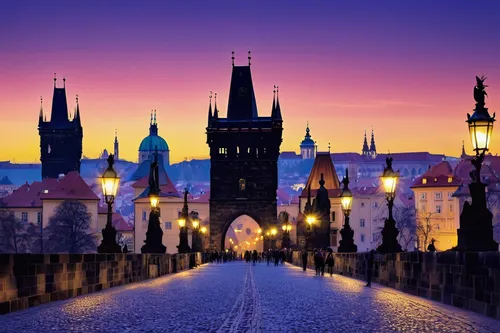 Charles Bridge, Lesser Towers, and Prague Castle at night with blurred pedestrians, UNESCO World Heritage Site, Prague, Czech Republic, Europe,charles bridge,prague,prague castle,gothic architecture,c