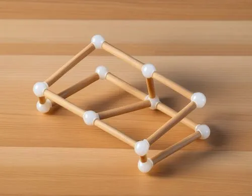 realistic wood sticks connected by white resin nodes with wood background 
keep original structure 
,a wooden rack with several white balls stuck in it,cyclohexane,octahedra,tetrahedra,icosahedra,tetr