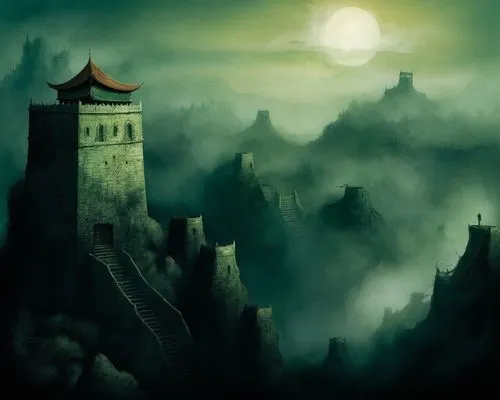 world digital painting,ravenloft,fantasy landscape,wudang,ancient city,cartoon video game background,fantasy picture,ghost castle,lunar landscape,darktown,haunted castle,city scape,qingcheng,fantasy city,forteresse,castle of the corvin,landscape background,dusk background,moonlit night,morgul,Illustration,Paper based,Paper Based 18