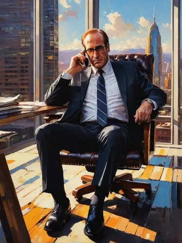 Mature gentleman, businessman, Saul Goodman, 50yo, balding hair, glasses, facial wrinkles, white dress shirt, black suit, tie, leather shoes, sitting, office desk, wooden chair, bookshelf, cityscape v