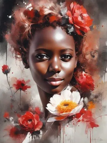 flower painting,girl in flowers,african art,rosemond,african daisies,persephone,afro american girls,oshun,world digital painting,rankin,flower girl,oil painting on canvas,flower art,afrocentrism,red petals,art painting,mystical portrait of a girl,viveros,flowerhead,afro american,Digital Art,Watercolor