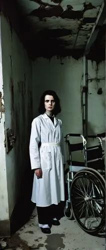 Creepy AI-generated figure, standing in abandoned asylum, dimly lit by flickering fluorescent lights, eerie shadows cast on walls, pale skin with dark veins, messy black hair, worn-out white hospital 