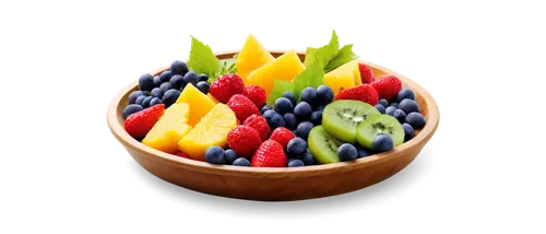 Colorful fruit salad, assorted fruits, grapes, strawberries, blueberries, pineapple, orange, kiwi, fresh green leaves, wooden table, natural lighting, shallow depth of field, vibrant colors, 3/4 compo