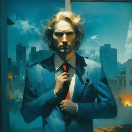 man in the dark blue suit and white shirt , in front of the doors , mysterious face tone , highrise building town background , filter the picture with dark tone  ,man in suit ,hellblazer,constantine,j