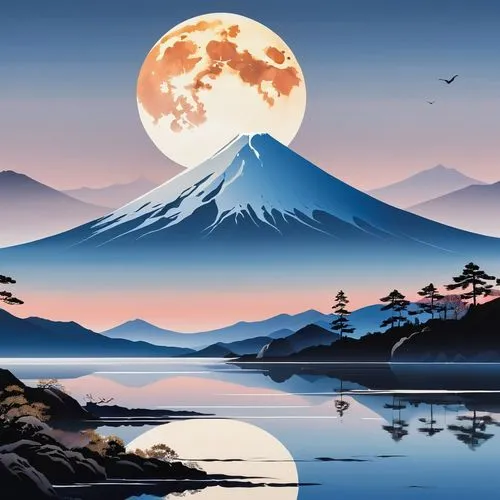 japan landscape,mount fuji,japan's three great night views,japanese mountains,mt fuji,fuji,fuji mountain,japanese background,beautiful japan,japanese art,japan,lunar landscape,cool woodblock images,moonrise,landscape background,volcanic landscape,fujiyama,earth rise,mountain landscape,lake tanuki