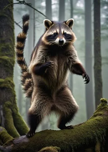 Muscular buffalo raccoon, standing on hind legs, strong arms crossed, rugged fur texture, intense gaze, sharp claws, wild forest background, misty atmosphere, foggy lighting, 3/4 composition, moss-cov