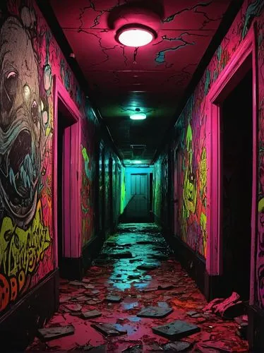 abandoned room,urbex,hallway,abandoned place,abandoned places,creepy doorway,asylum,basement,abandoned building,blind alley,graffiti,underground garage,graffiti art,abandoned,live escape game,corridor,underground,alley,ufo interior,nightclub,Illustration,American Style,American Style 13