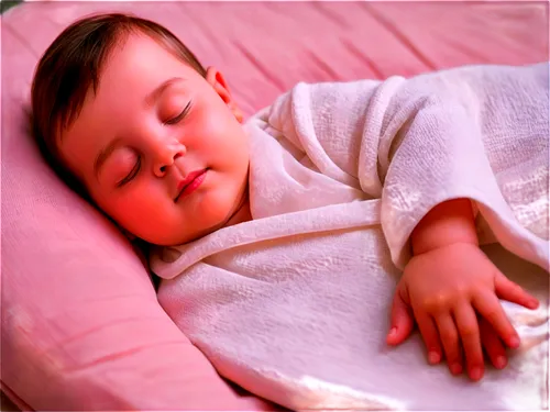 Newborn baby, lying down, wrapped in soft white blanket, tiny hands, delicate fingers, small nose, closed eyes, peaceful face, gentle smile, pastel pink skin tone, subtle wrinkles, adorable chubby che