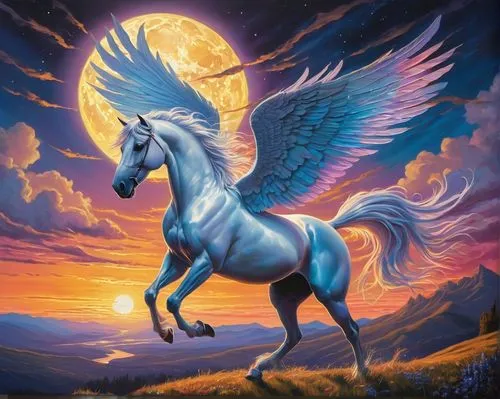 A stunning and vibrant conceptual painting capturing the essence of magical realism. A majestic pegasus, with wings spread wide, is soaring gracefully through the sky, leaving a trail of glowing, irid