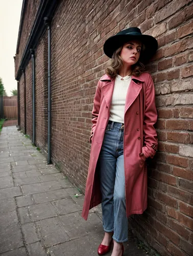 woman in menswear,vintage fashion,vintage clothing,hat vintage,trilby,leather hat,retro women,vintage women,retro woman,overcoat,hat retro,red coat,red brick wall,pork-pie hat,menswear for women,pink 