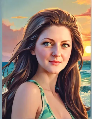 Portrait of a young woman with long flowing hair against the background of a sea sunset in sunny weather. Made in the style of rich oil painting.,moana,beach background,portrait background,rosa ' ambe