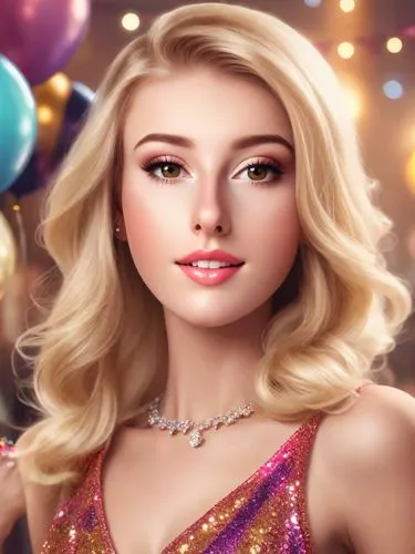 Beautiful blonde lady dressed up for a birthday party, smiling, colourful, fashion photography. Photorealistic.,birthday banner background,doll's facial features,portrait background,barbie,elsa,edit i