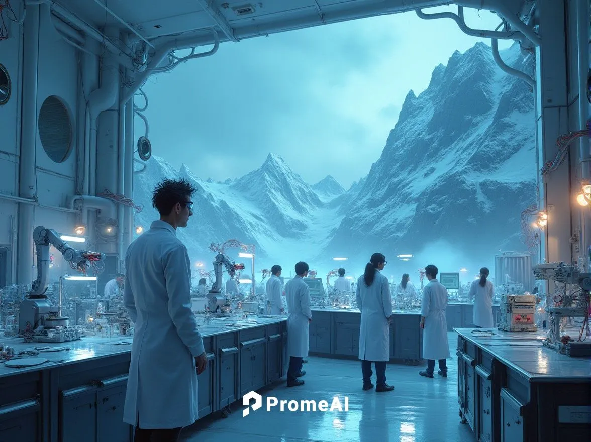 Futuristic laboratory, mountainous landscape, snowy peaks, misty atmosphere, neon lights illuminating the facility, sleek metallic architecture, glass domes, robotic arms, holographic projections, fut