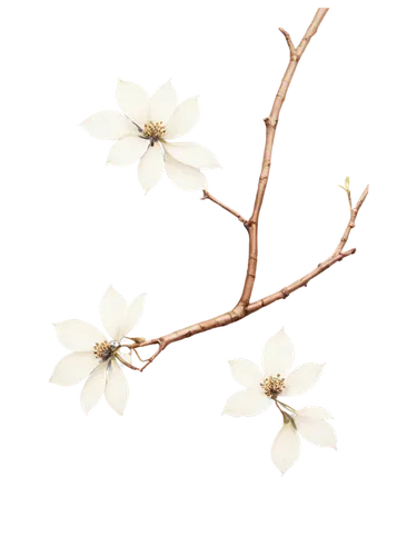 Dogwood branch, white flowers, dark brown trunk, delicate leaves, natural texture, morning sunlight, soft focus, shallow depth of field, warm color tone, 3/4 composition, botanical illustration style,