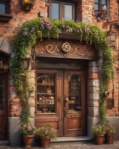 alsace,ristorante,garden door,flower shop,trattorias,brownstones,trattoria,highstein,bistro,gdansk,auberge,front door,doorkeepers,corner flowers,floral decorations,exterior decoration,frontages,flower boxes,freiburg,wine tavern,Conceptual Art,Fantasy,Fantasy 25