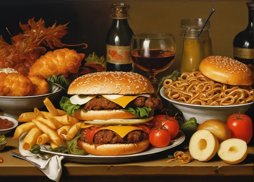 Compose a poetic description of a mouthwatering fast food feast.,food collage,food styling,food and wine,cuisine of madrid,foods,french food,food platter,typical food,oil painting on canvas,western fo