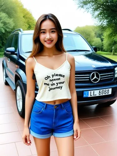 Oh please, I need you to take me with you on your great journey!,the young woman is standing next to a mercedes suv,mercedescup,mercedes benz,mercedez,daimlerbenz,mercedes star,mercedes