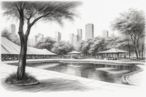 herman park,central park,city park,urban park,shenyang,park akanda,centennial park,center park,xi'an,city scape,west lake,charcoal drawing,riverside park,lake park,graphite,japanese garden,chapultepec,garden buildings,pencil drawings,nanjing,Illustration,Black and White,Black and White 35