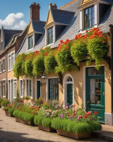 Cape Dutch architecture, bright sunshine, warm beige walls, ornate gables, rustic wooden doors, elegant white pillars, lush greenery, vibrant flower boxes, winding cobblestone streets, charming canal,