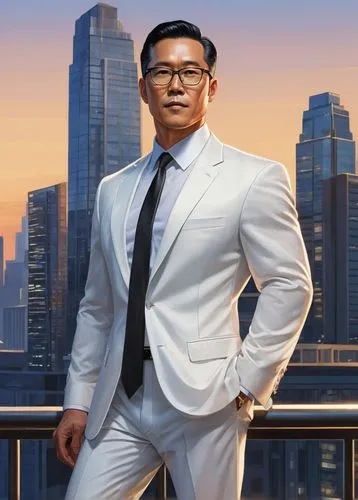 Mature man, Joseph Hsia, solo, (40yo), strong facial features, short black hair, glasses, formal wear, white shirt, black suit, tie, leather shoes, standing, confident posture, cityscape, modern skysc