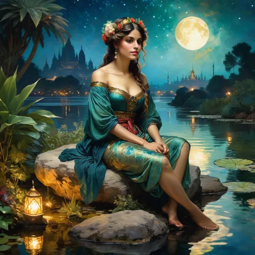 fantasy picture,fantasy portrait,girl on the river,fantasy art,cleopatra,rusalka,the zodiac sign pisces,the sea maid,zodiac sign libra,fantasy woman,romantic portrait,water nymph,jasmine,queen of the night,celtic queen,the night of kupala,lady of the night,artemisia,mystical portrait of a girl,rosa ' amber cover,Conceptual Art,Fantasy,Fantasy 05