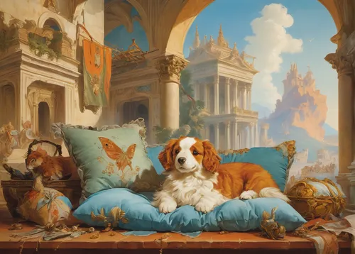 king charles spaniel,landseer,rococo,basset bleu de gascogne,clumber spaniel,baroque,kooikerhondje,st bernard,basset hound,cavalier king charles spaniel,basset artésien normand,shih tzu,welsh springer spaniel,st. bernard,cavalier,old english terrier,lhasa apso,color dogs,french spaniel,pet portrait,Art,Classical Oil Painting,Classical Oil Painting 40