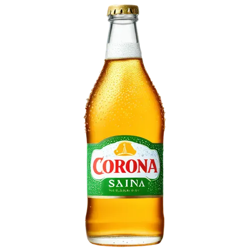 Corona beer, solo, transparent glass bottle, condensation droplets, golden liquid, lime wedge on rim, green label, red and white logo, frosty cold, morning dew, soft sunlight, 3/4 composition, shallow