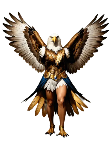 Eagle, wings spread wide, sharp talons, feathers ruffled, regal posture, golden brown plumage, strong muscular legs, piercing gaze, majestic facial expression, detailed texture, high contrast, dramati