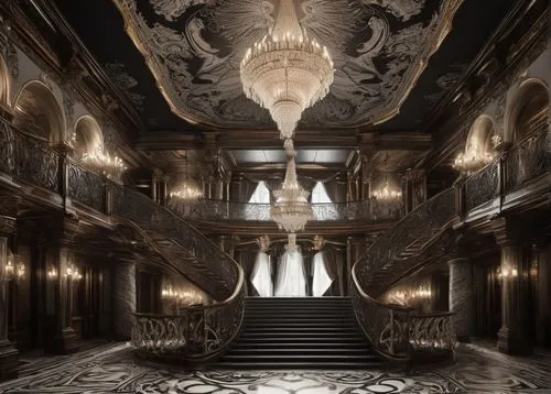 gringotts,ornate room,opulently,opulence,royal interior,hall of the fallen,baroque,opulent,versailles,staircase,luxury decay,proscenium,castle of the corvin,piranesi,palatial,baccarat,ornate,imperialis,entrance hall,the carnival of venice,Illustration,Black and White,Black and White 11