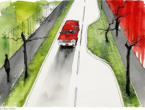 watercolor paris,hockney,watercolor,arterials,red bus,watercolor paint strokes,Illustration,Paper based,Paper Based 03