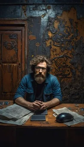 Backrooms level creator, mature man, 35yo, beard, glasses, messy hair, worn denim jeans, black T-shirt, sneakers, sitting, dimly lit room, wooden desk, multiple monitors, keyboard, mouse, papers scatt